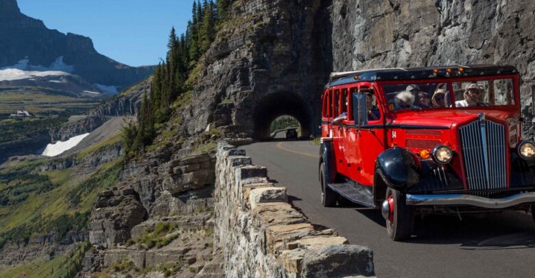 Image of Xanterra red bus at Glacier National Park