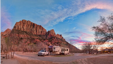Image of fifth wheel by red rocks