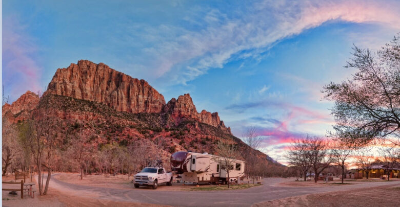 Image of fifth wheel by red rocks