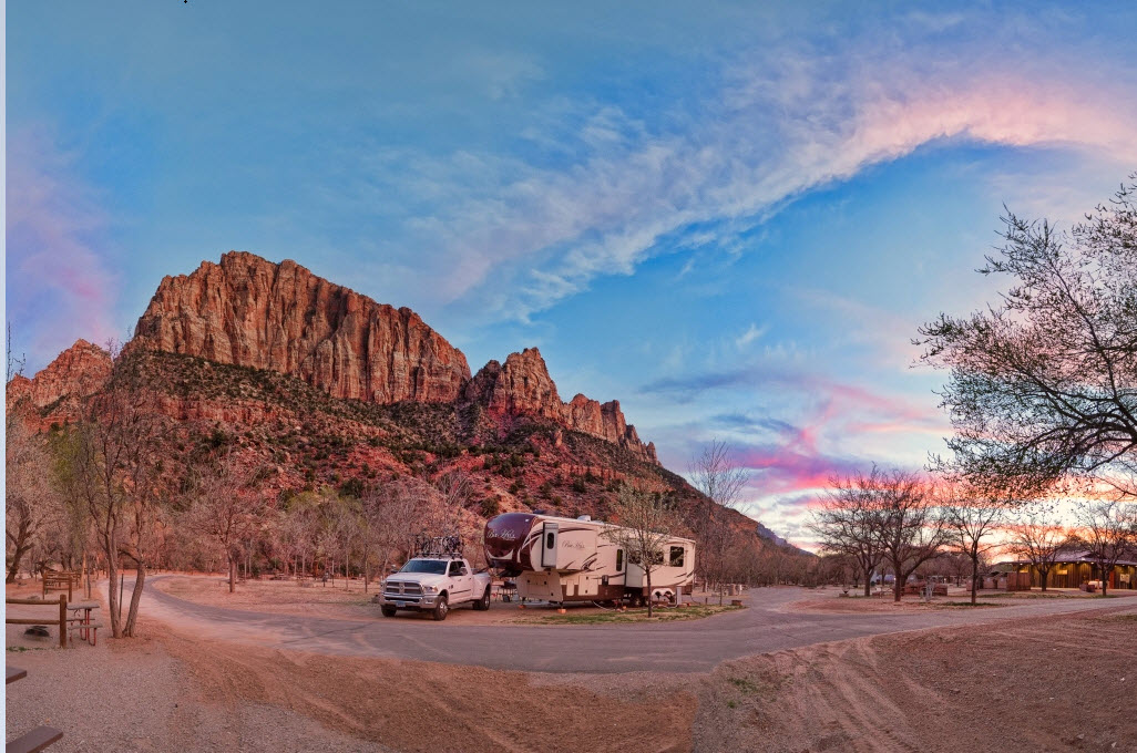 Image of fifth wheel by red rocks