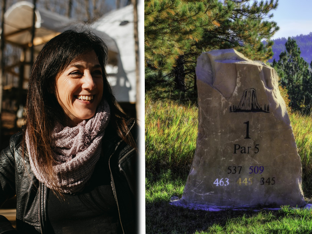 Picture of Marci Hedderson-Carroll, founder of Geode Yoga Fitness center, left, and the first tee at The Golf Club at Devils Tower.