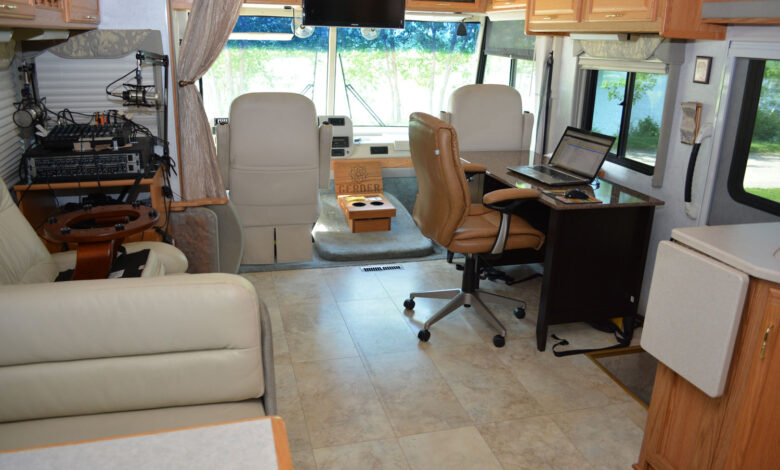 Photo of Greg Gerber's work area inside his motorhome.