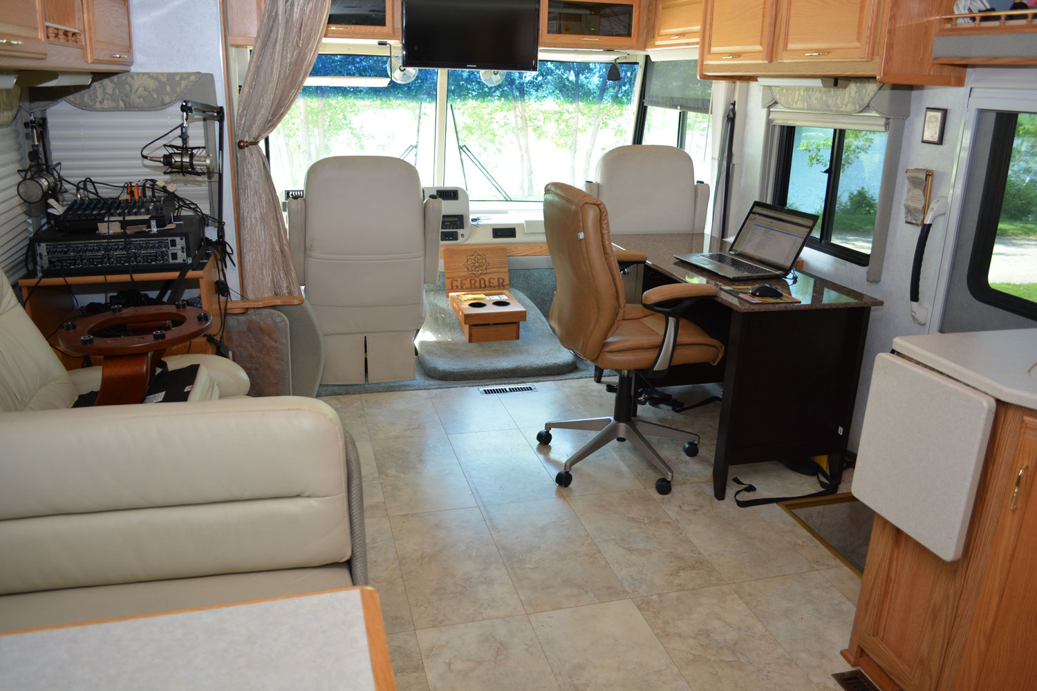 Photo of Greg Gerber's work area inside his motorhome.