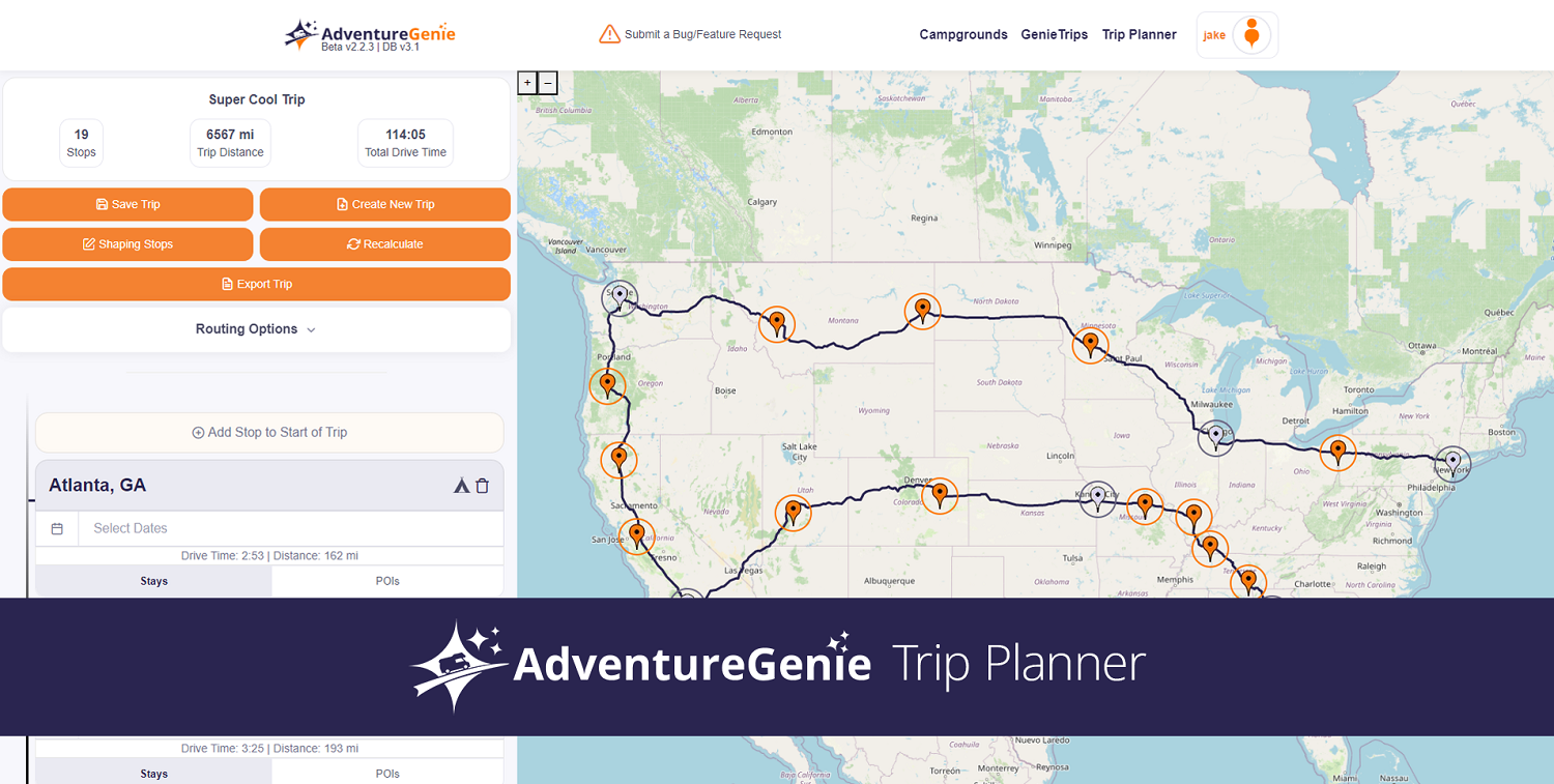 Screenshot of a trip planned by AdventureGenie.