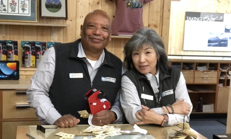 Photo of Daryl and Yong Galloway, who recently completed their 10th Anniversary at Colter Visitor Center in Grand Teton National Park.