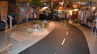 Photo of RVs on display at the RV/MH Hall of Fame in Elkhart, Ind.