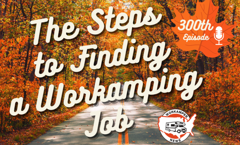 Episode 300 banner image about the steps to finding a Workamping job.