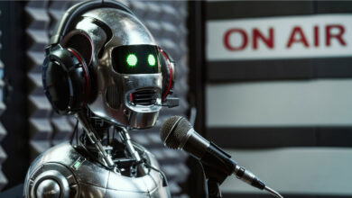 Image of a robot being interviewed for a podcast.