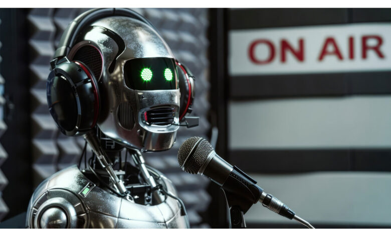 Image of a robot being interviewed for a podcast.