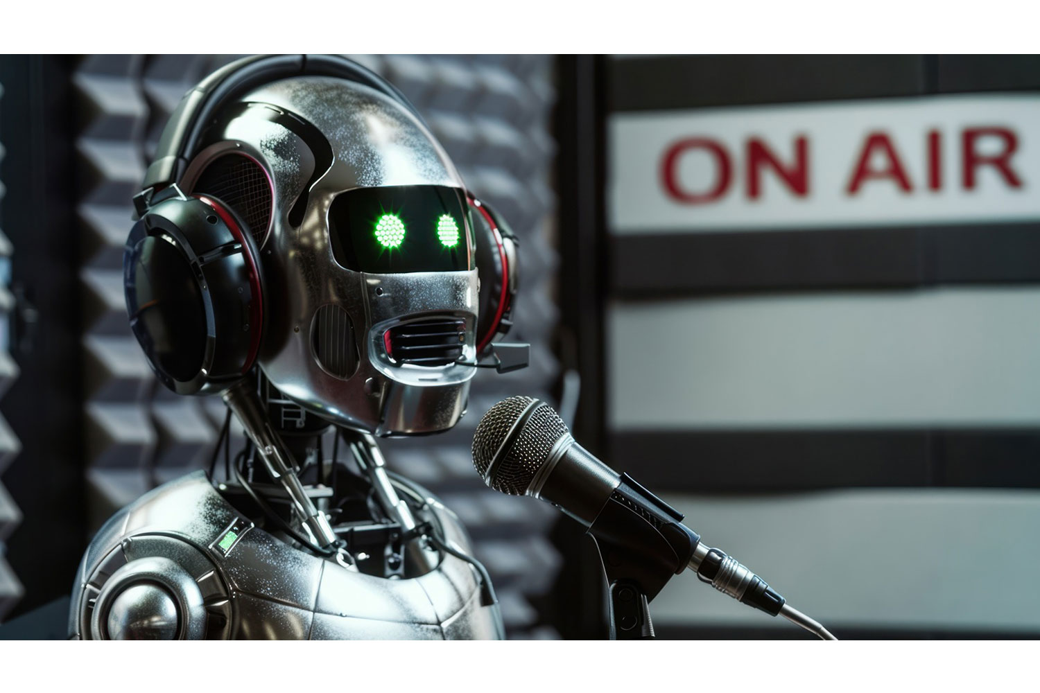 Image of a robot being interviewed for a podcast.