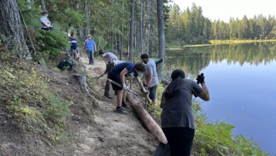 Workampers repair a trail in an Idaho state park.